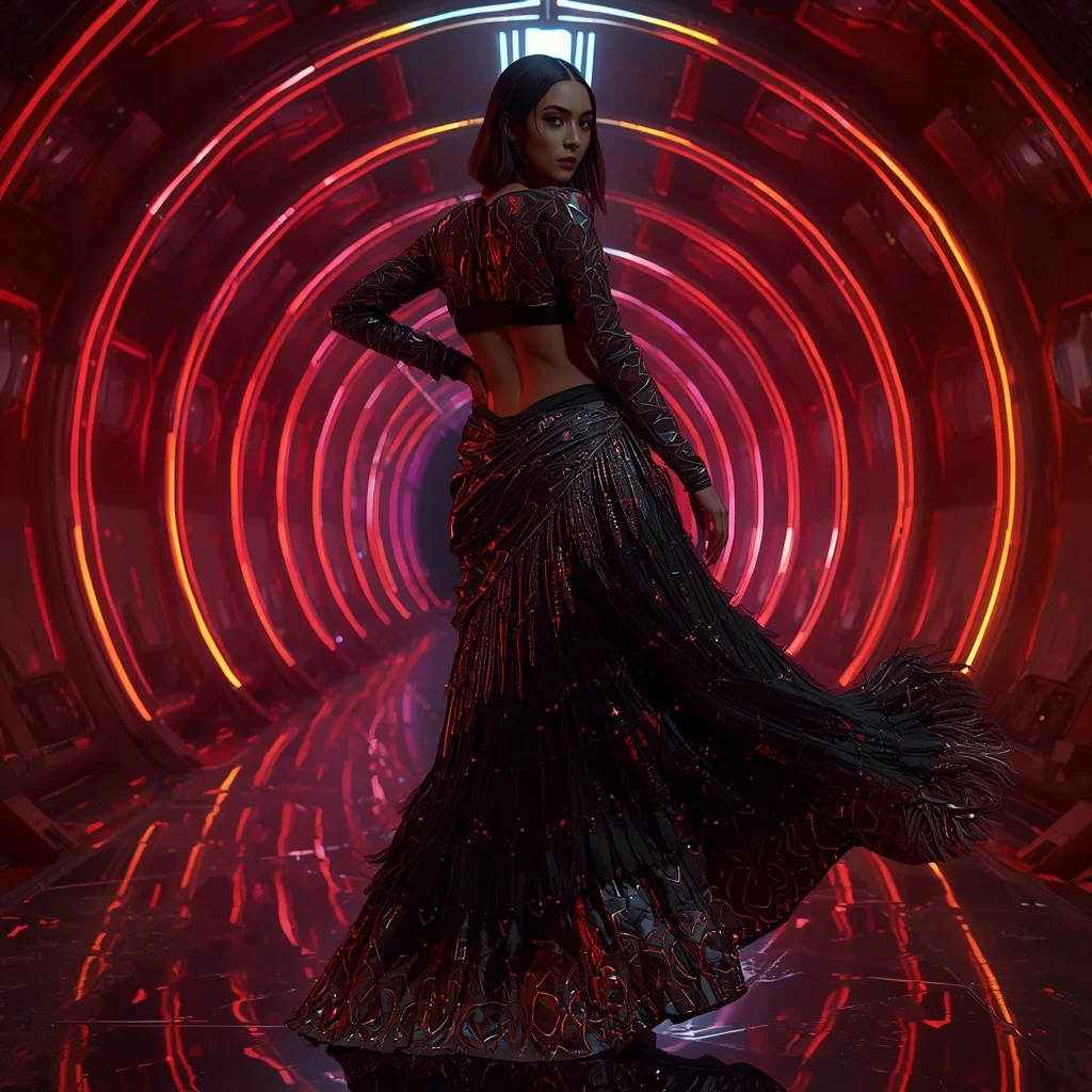 Midnight Volcanic Rift Abyss Armor Saree with Holographic Plasma Engine Singularity Corridor Core System | Prompt Seen Girls AI Photo Editing