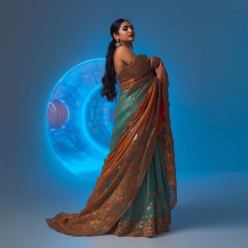 Molten Bronze and Neon Cyan Scale Saree with Cyber-Minimalist Tunnel | Profile Picture Ai Prompt
