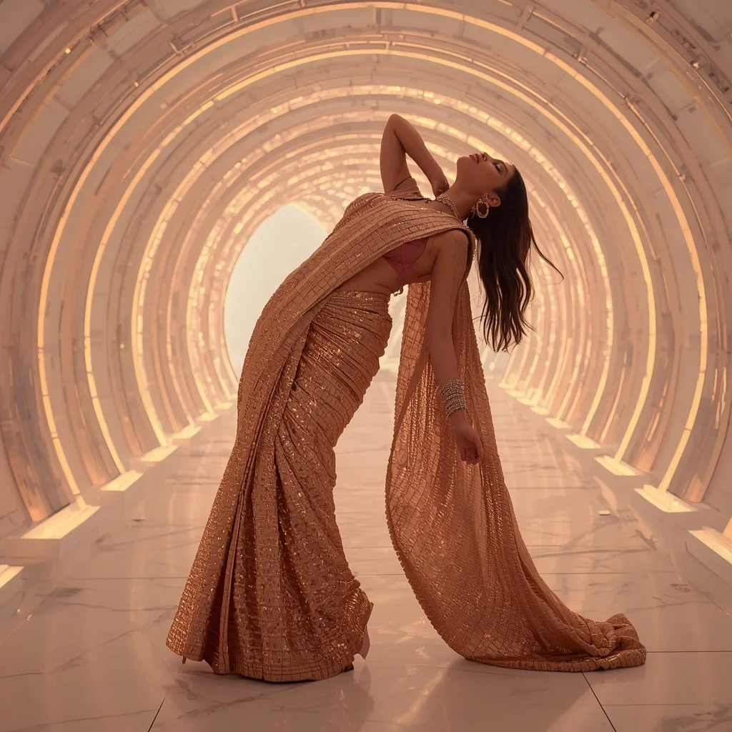 Molten Rose Gold Armor-Drape Saree with Infinity Prism Tunnel | Gemini Ai Prompt Copy Paste