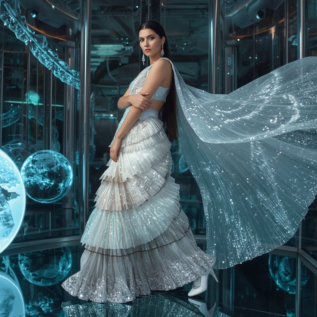 Moonlight Crystal Infinity Saree with Floating Neon Liquid Universes | Prompt For Traditional Look For Girl Copy Paste