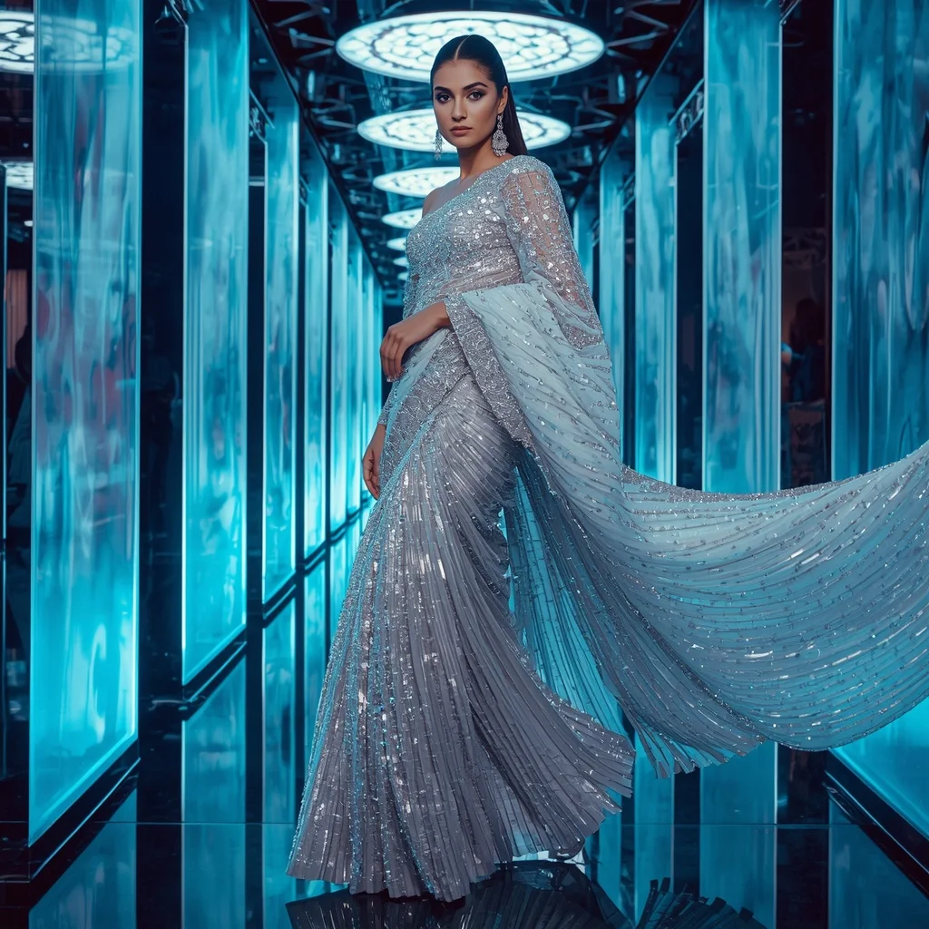 Moonlight Crystal Quantum Saree with Floating Neon Liquid Hallways | South Indian Prompt For Girl ChatGPT