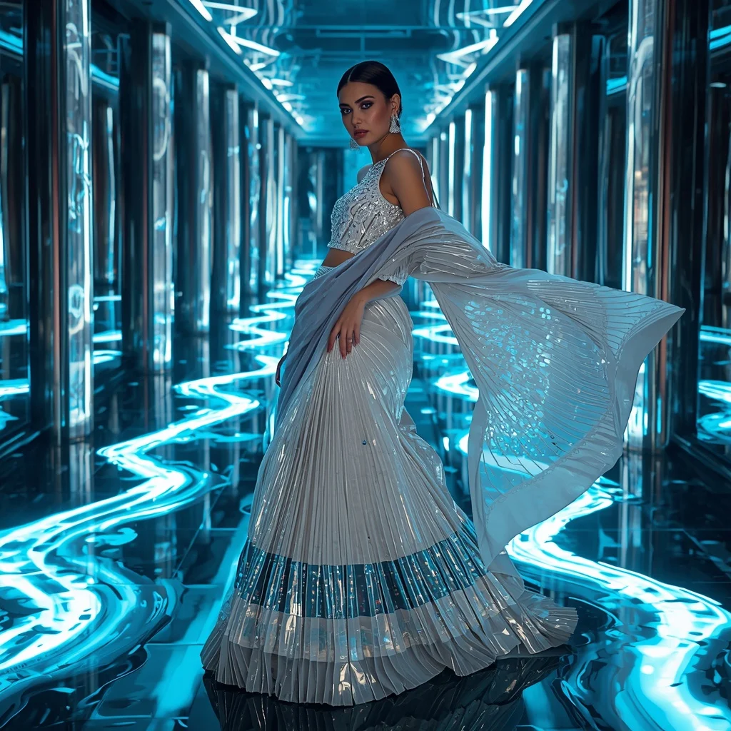 Moonlight Diamond Mirage Saree with Floating Neon Liquid Rivers | Village Girl Ai Prompt