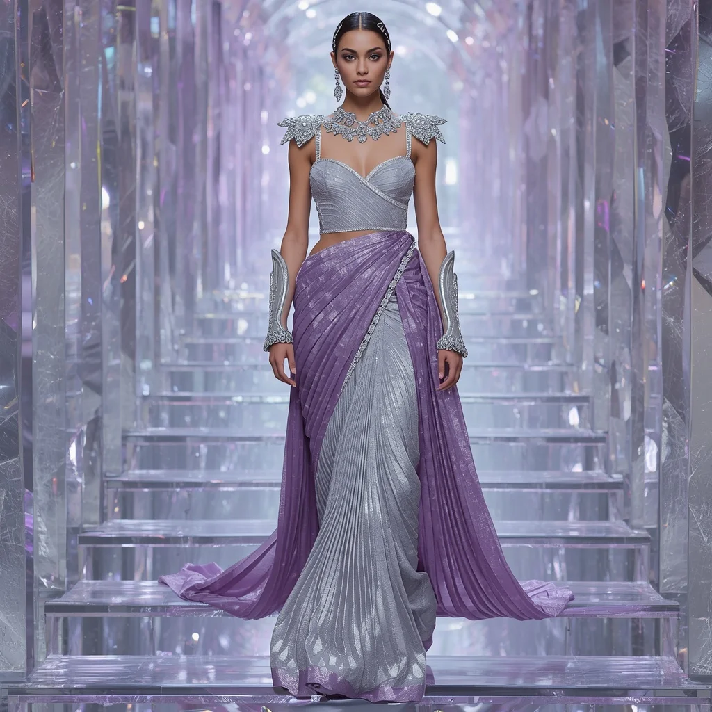 Moonstone Aurora Dynasty Saree with Crystal Stair Halo Corridors | Prompt For Saree For Wedding In English