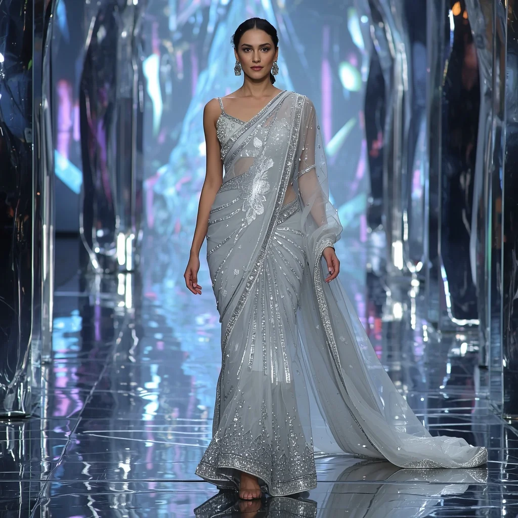 Moonstone Crystal Inferno Saree with Floating Neon Reflection Nexus | Prompt Seen Trending Girl 2026 Butterfly