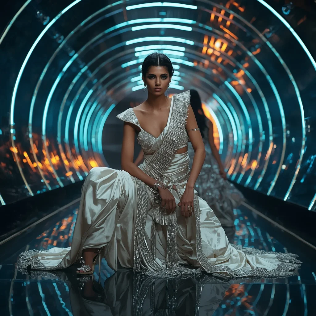 Moonstone Inferno Mirage Saree with Floating Laser Reflection Tunnel | Prompt Seen Girl Photo Editing Chatgpt Download