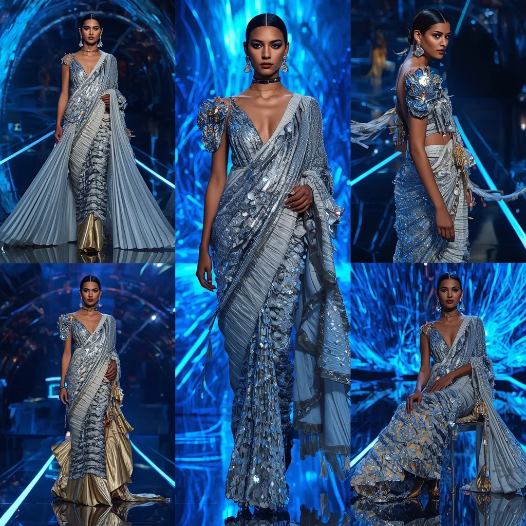 Moonstone Tiger Royale Saree with Floating Infinity Neon Crystal Arena | Romantic Ai Prompt
