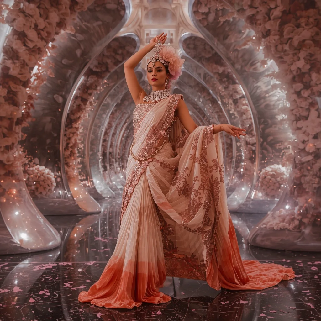 Moonstone Velvet Empress Saree with Infinity Wave Crown Eclipse Prism Hall | Romantic Couple Ai Prompt