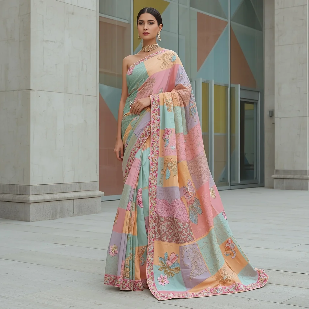 Multi-colored pastel patchwork Saree with advanced embroidery | Prompt Gemini Ai