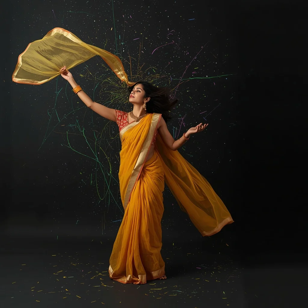 Mustard Tissue Silk Saree – Playful Fabric Catch with Abstract Neon Splatter | Korean Ai Prompt