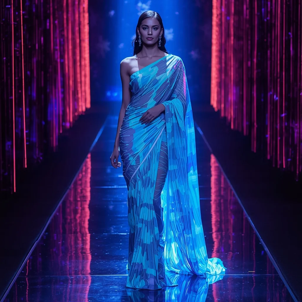 Neon Aqua Hyper Plasma Cascade Saree – Futuristic Glam Saree with Energy Cascade Runway Pose and Plasma Cascade Tunnel Background | Chatgpt Photo Editing Styles For Girl