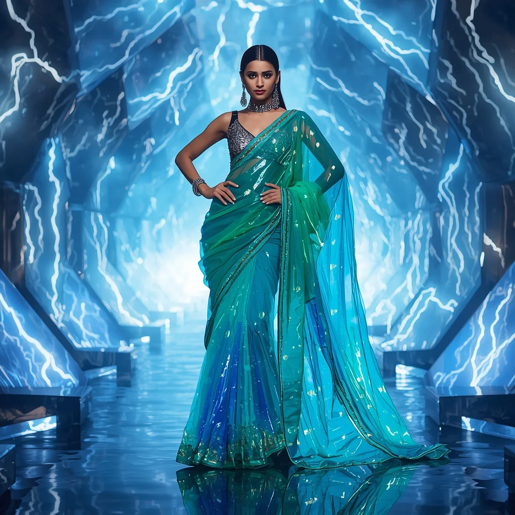 Neon Aqua Plasma Surge Saree – Futuristic Glam Saree with Power Surge Runway Pose and Plasma Surge Tunnel Background | Instagram Story Ai Prompt