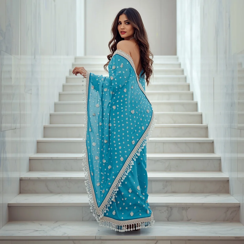 Neon Blue 3D Pearl Couture Fancy Saree Look | Travel Ai Prompt