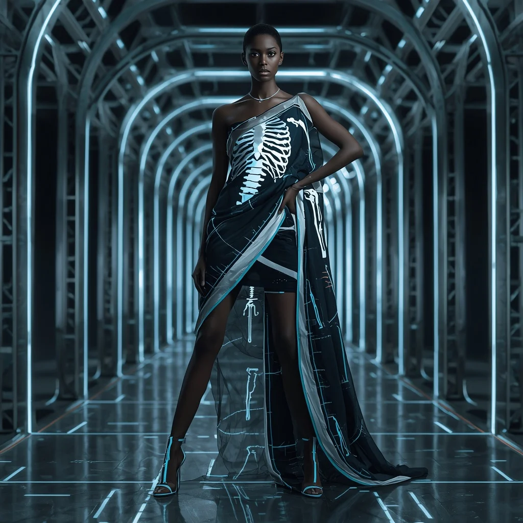 Neon Bone Fusion Saree with Synthetic Anatomy Hall | Ai Portrait Prompt