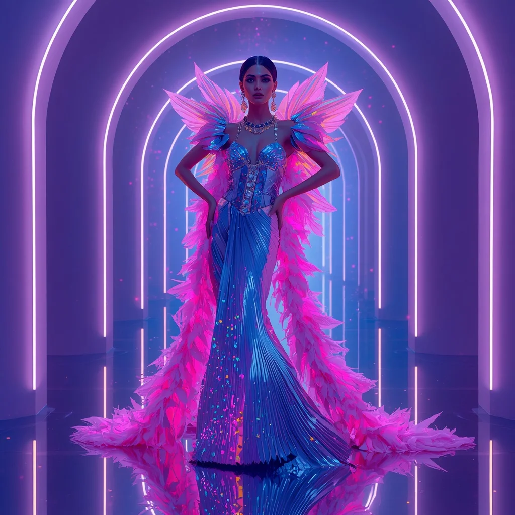 Neon Cosmic Feather Saree – Ultra Futuristic Festival Saree with Cosmic Queen Pose and Feather Galaxy Palace Background | Traditional Saree Prompt For Girl Images