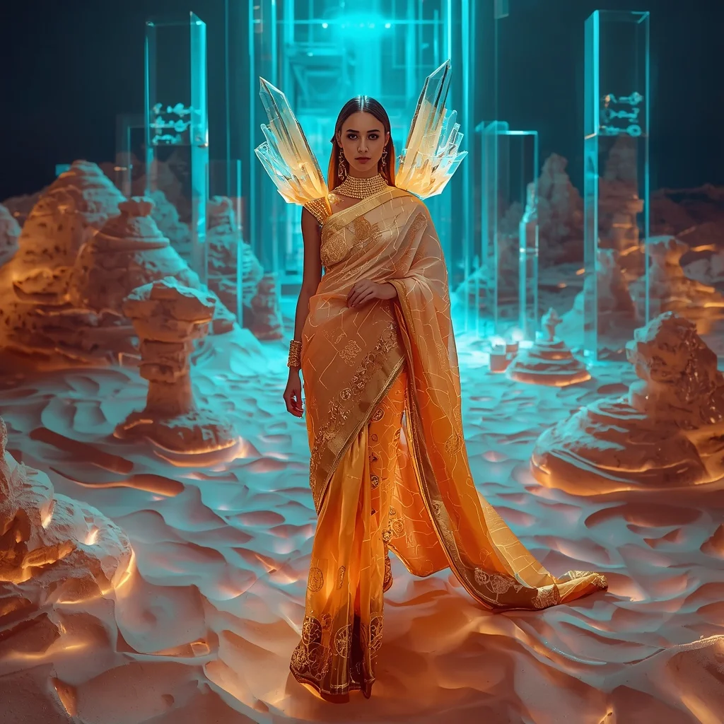 Neon Crystal Desert Mirage Saree with Floating Sand Geometry | Ai Selfie Prompt