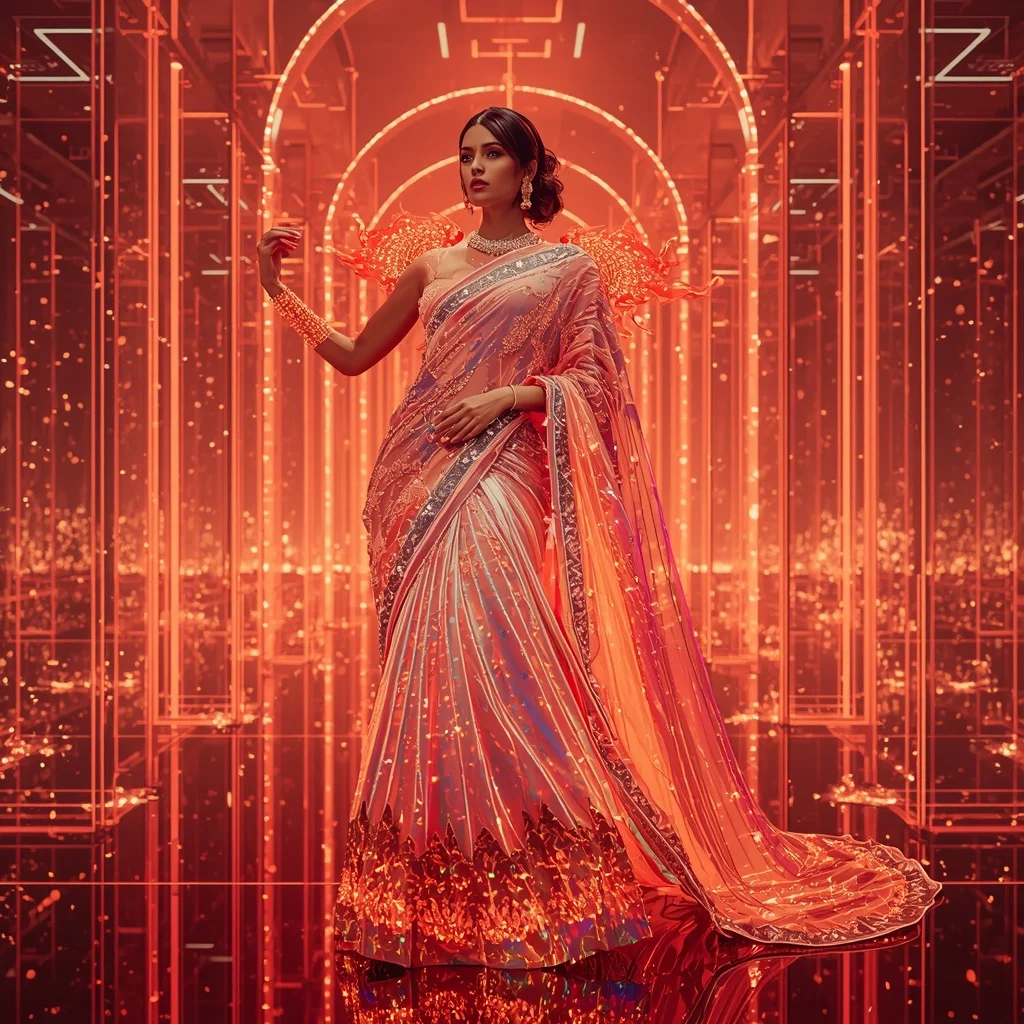 Neon Crystal Flame Saree – Ultra Futuristic Festival Saree with Flame Queen Pose and Crystal Flame Palace Background | Youtube Thumbnail Ai Prompt