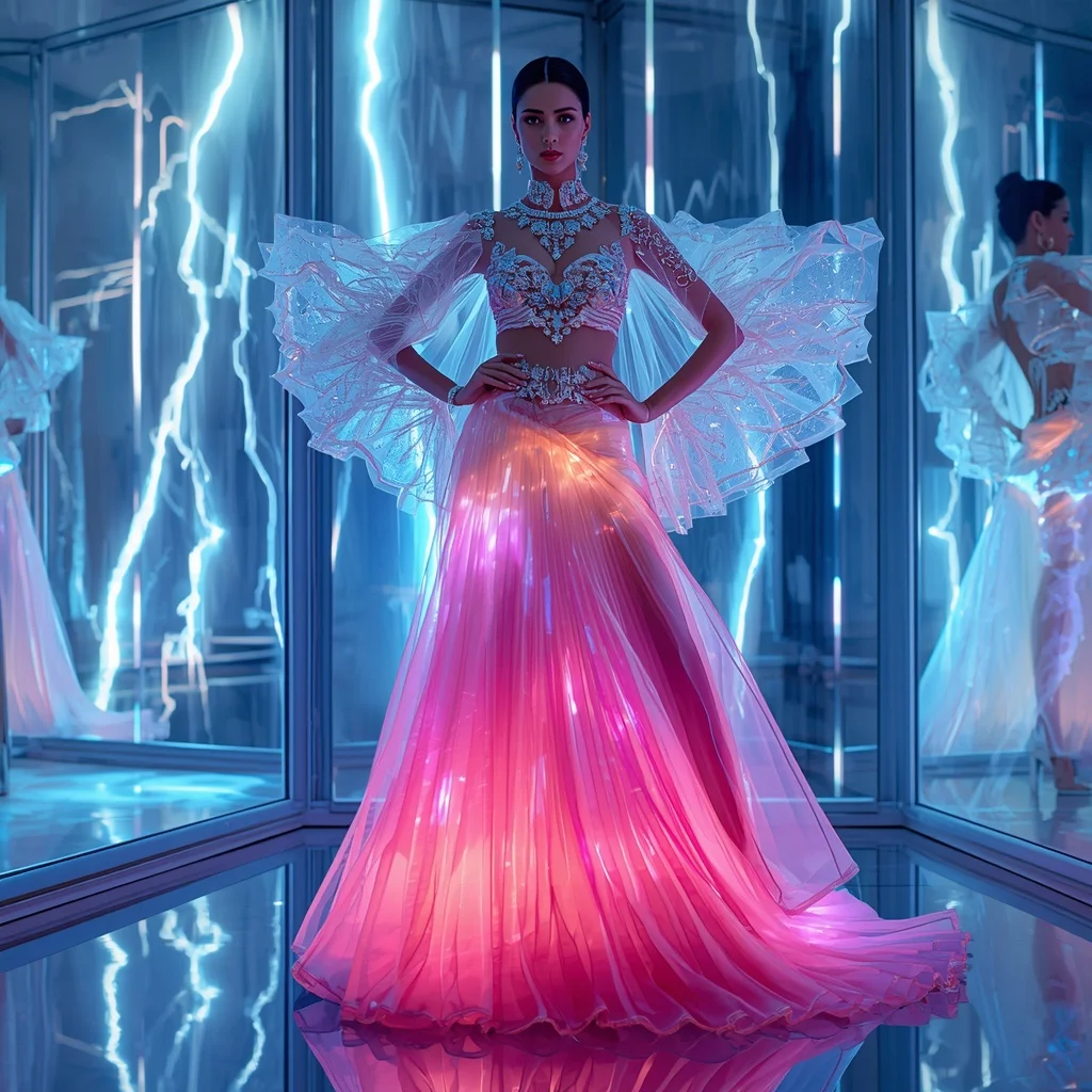 Neon Crystal Riftpulse Storm Saree – Futuristic Glam Saree with Bold Editorial Pose and Riftpulse Storm Hall Background | Prompt Seen Trending Girl 2026 Instagram