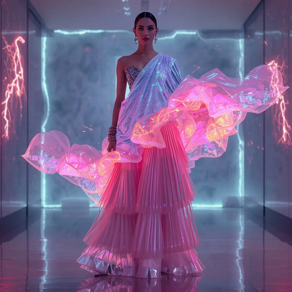 Neon Crystal Riftstorm Pulse Saree – Futuristic Glam Saree with Bold Editorial Pose and Riftstorm Pulse Hall Background | Stable Diffusion Prompt