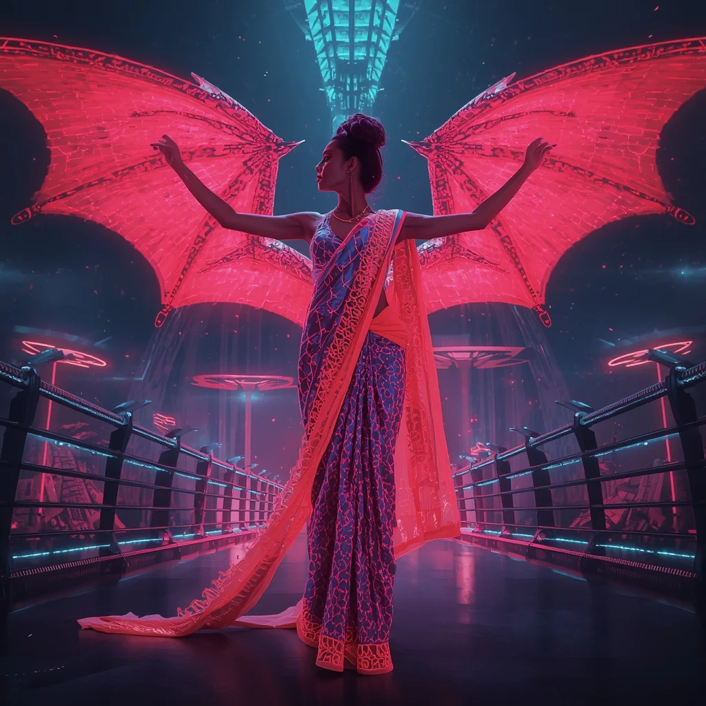 Neon Dragon Silk Saree with Cyber Sky Fortress | Photo Prompt
