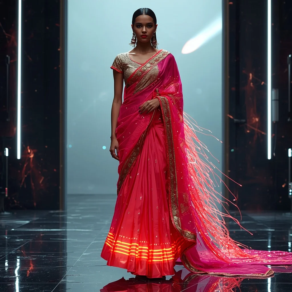 Neon Fire Meteor Rift Pulse Saree – Futuristic Festival Saree with Dynamic Walk Pose and Meteor Rift Pulse Chamber Background | ChatGPT Photo Editing Prompts For Girl