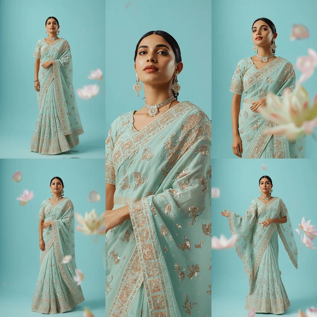 Neon Glowing Lotuses Heavy Festive Saree Look Premium | Travel Ai Prompt