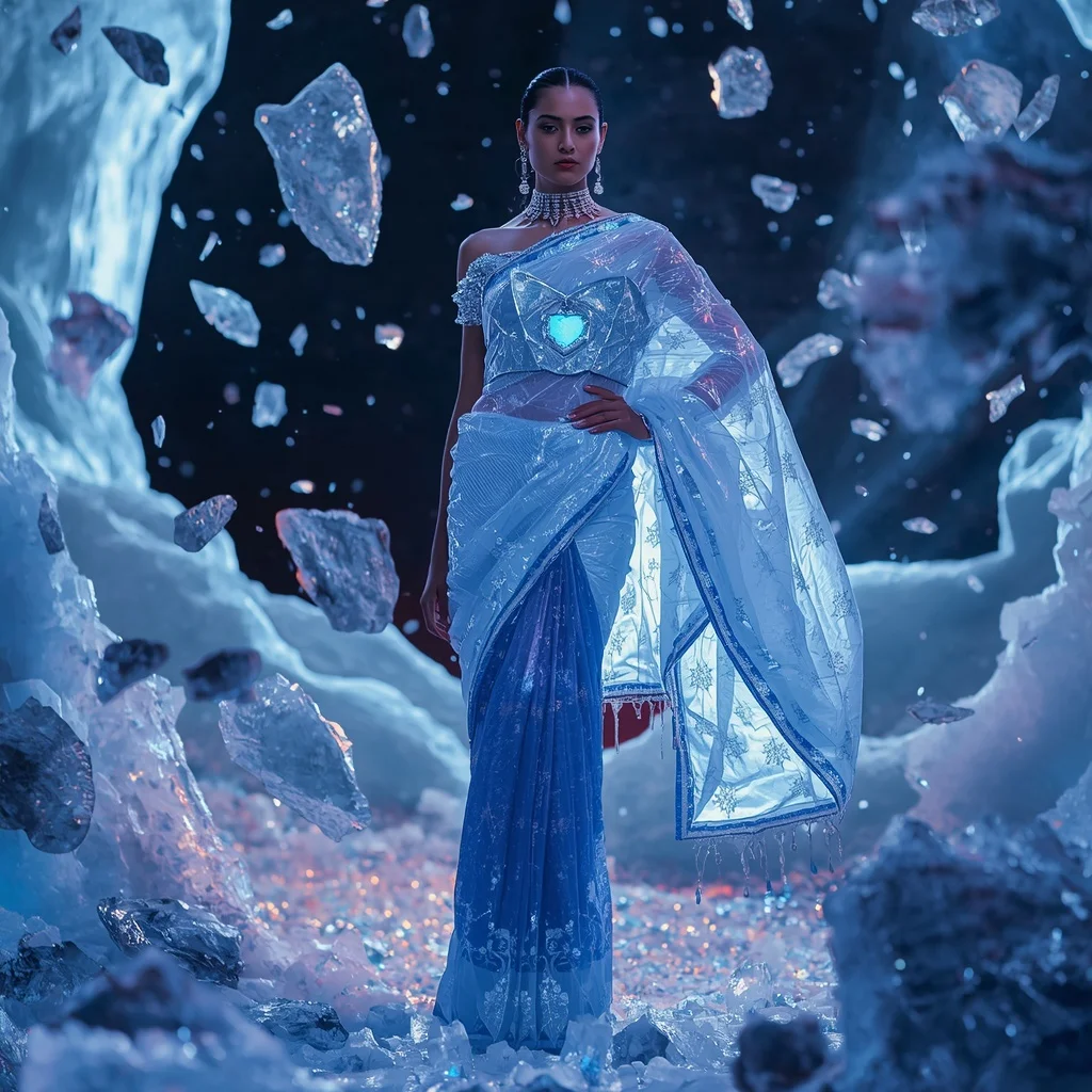 Neon Ice Meteor Saree with Floating Frozen Debris Field | Prompt For Girl In Saree Pic