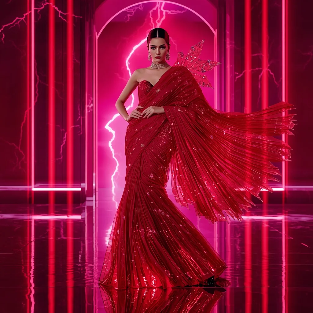 Neon Ruby Storm Saree – Ultra Futuristic Festival Saree with Ruby Queen Pose and Storm Ruby Palace Background | Trending Prompt Girls ChatGPT