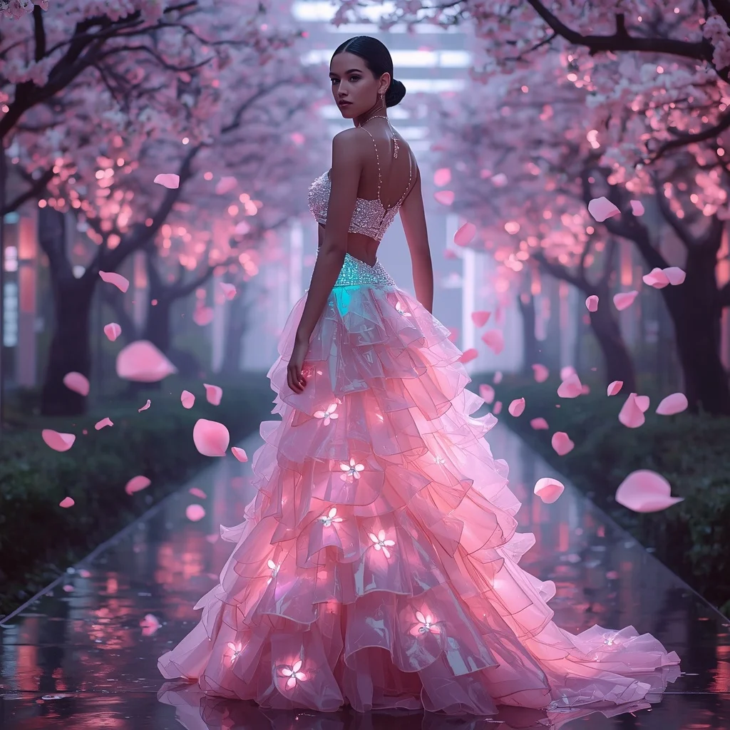 Neon Sakura Cyber Bloom Saree with Digital Petal Storm | Ai Video Generator Prompt