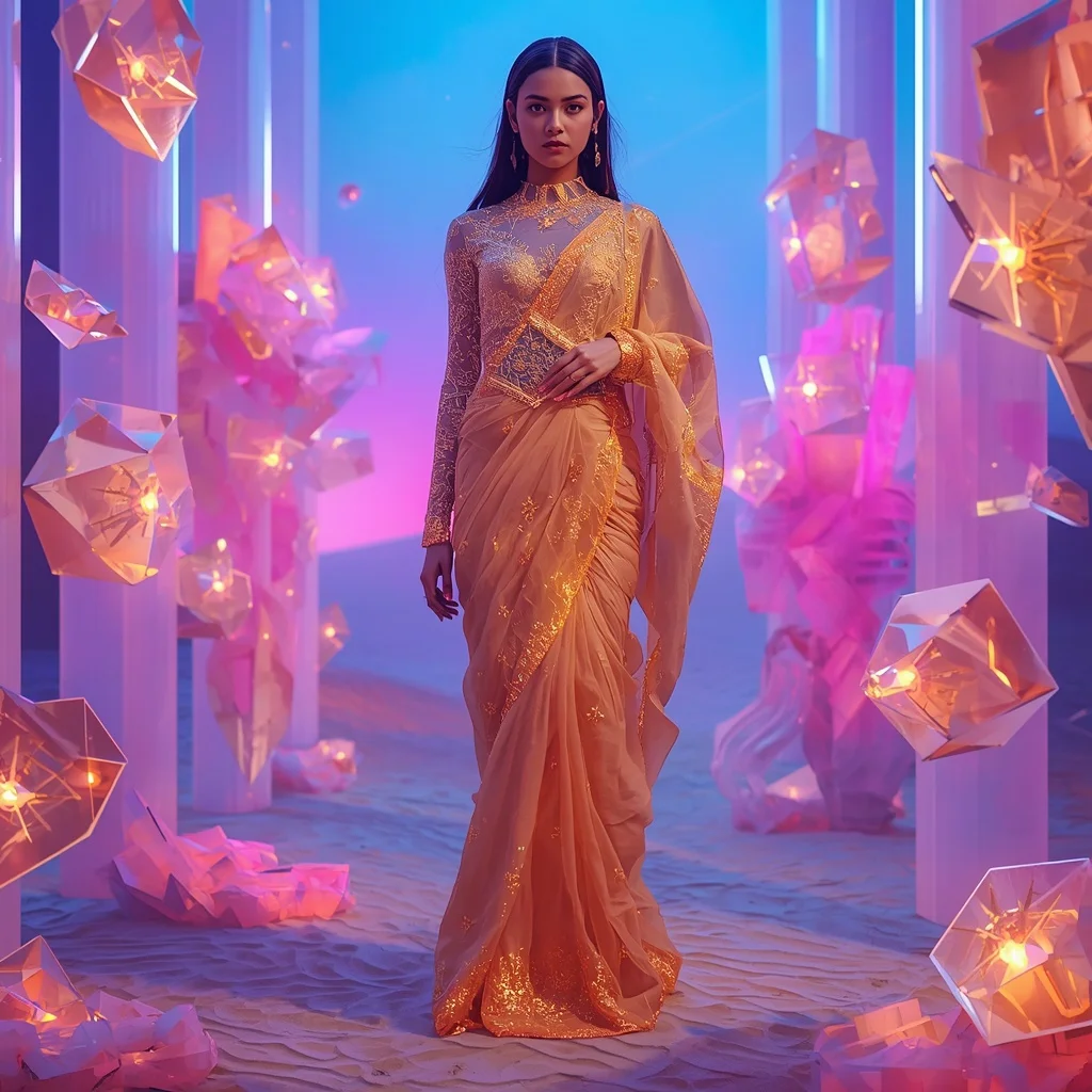 Neon Sand Crystal Saree with Floating Desert Geometry | Prompt For Saree For Wedding