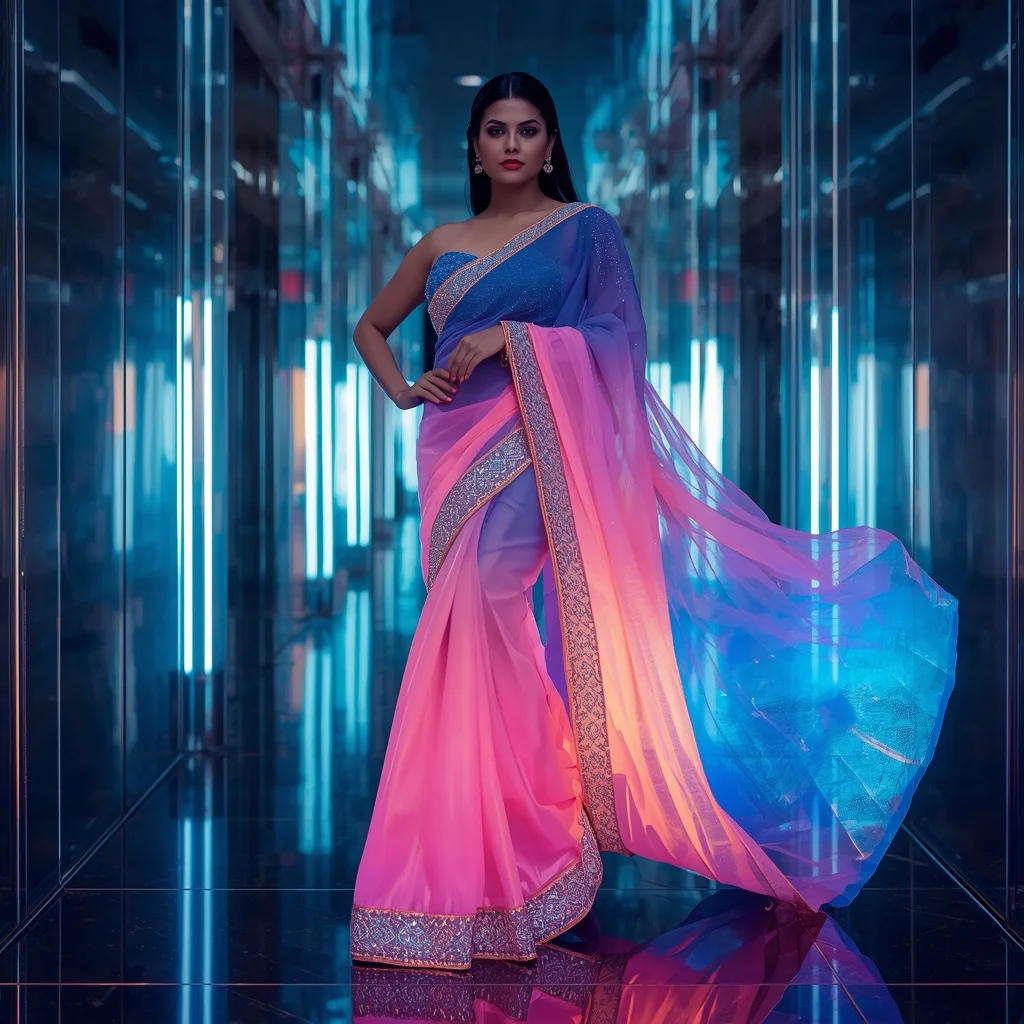 Neon Smoke Aurora Saree – Futuristic Celebrity Saree with Fashion Walk Pose and Aurora Reflection Tunnel Background | Gemini Girl Photo Prompt Saree