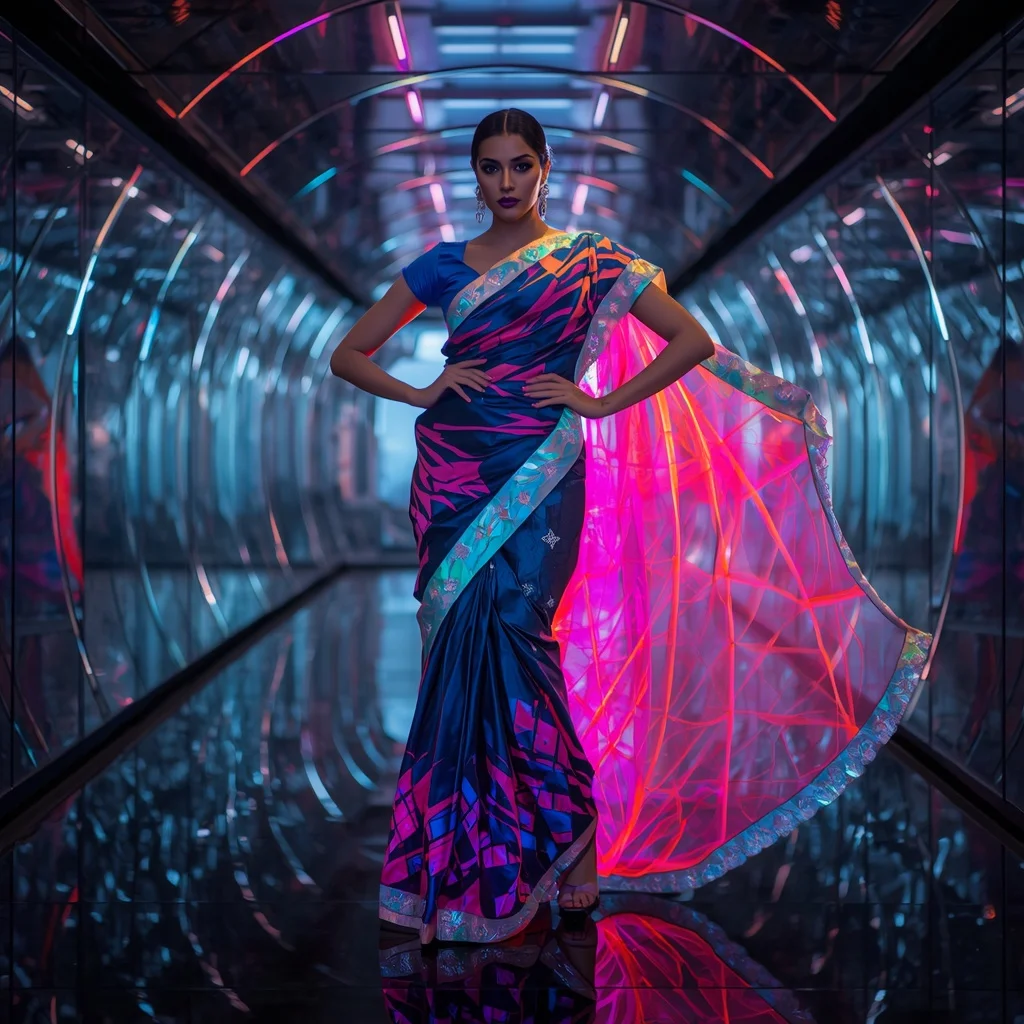 Neon Smoke Orbit Saree – Futuristic Celebrity Saree with Fashion Walk Pose and Orbit Reflection Tunnel Background | Prompt For Gemini AI Girl Trending