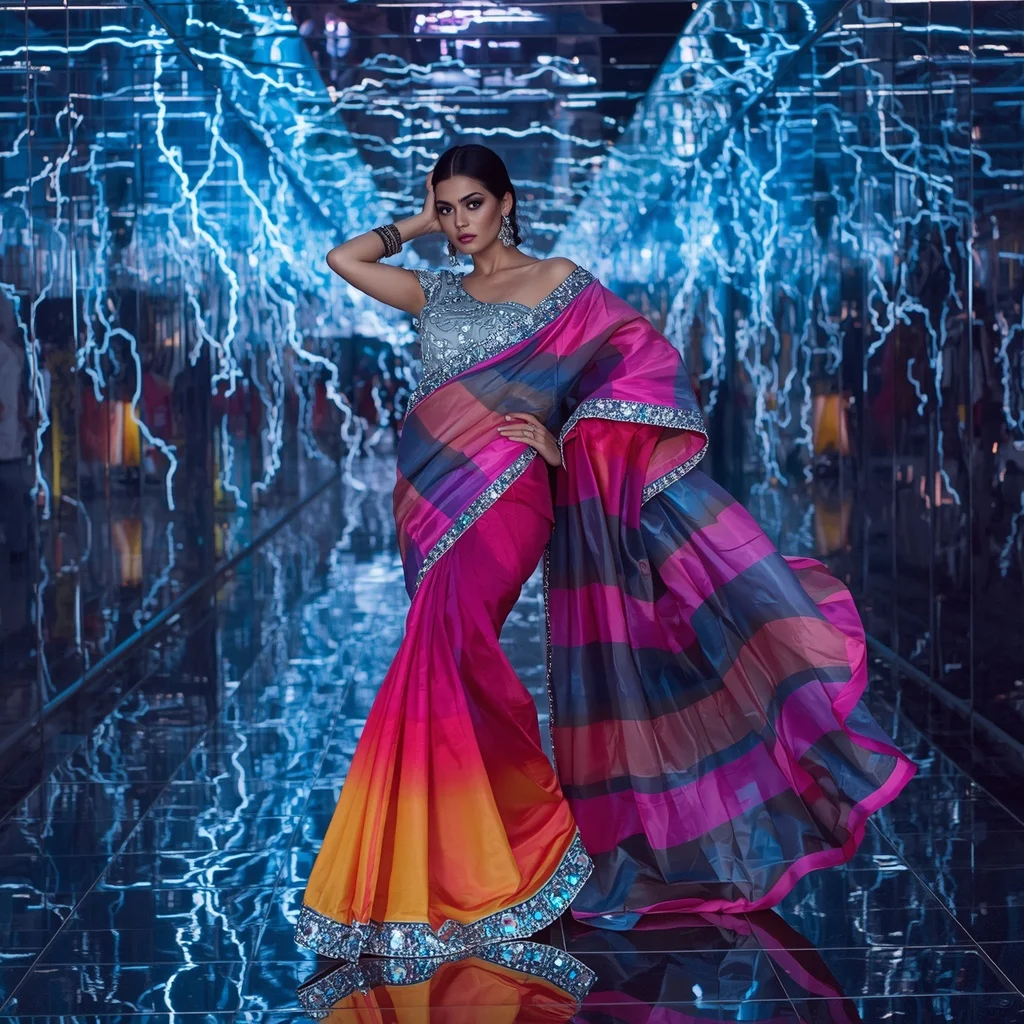 Neon Smoke Thunder Saree – Futuristic Celebrity Saree with Fashion Walk Pose and Thunder Reflection Tunnel Background | Prompt Seen Trending Girl Instagram