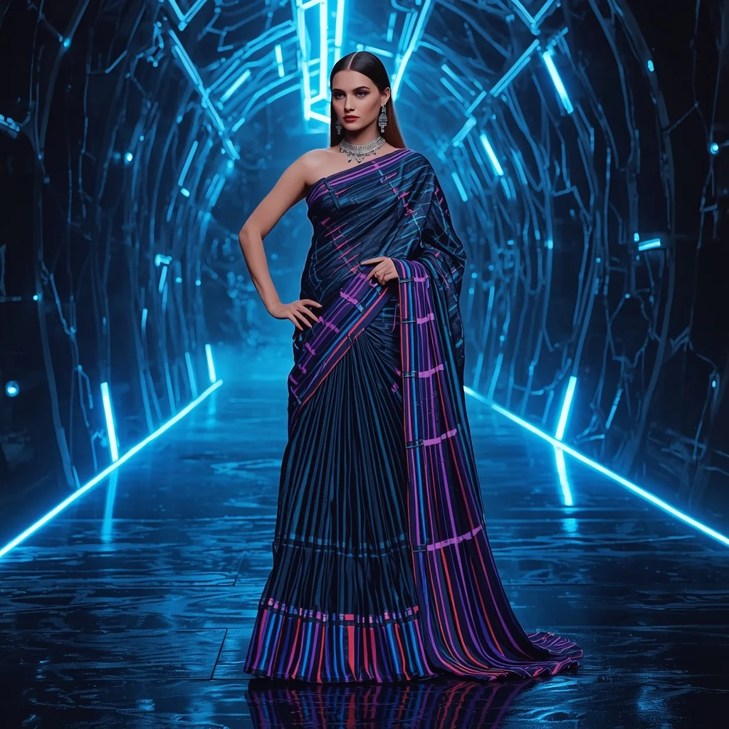 Neon Spine Fabric Saree with Electric Rift Corridor | Aesthetic Ai Prompt