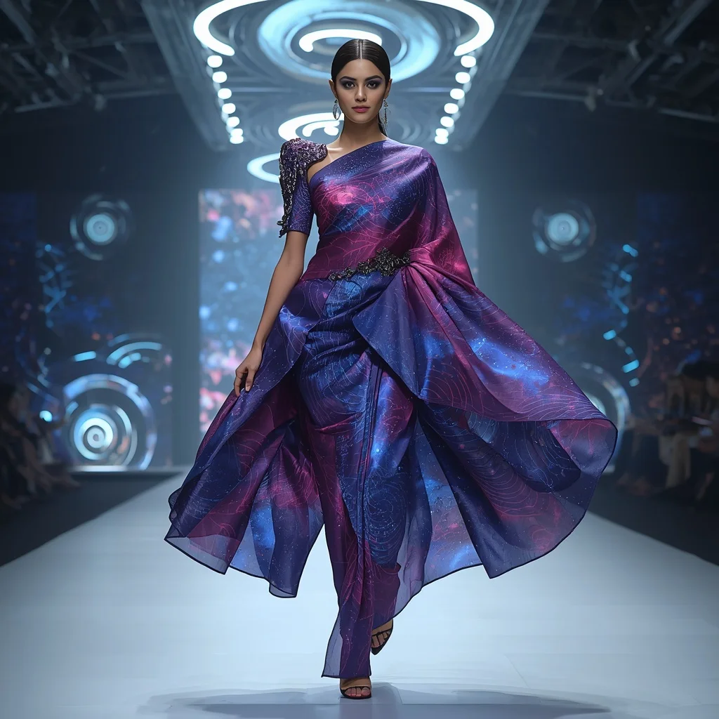 Neon Spiral Galaxy Saree with Rotating Space Architecture | New Instagram Trend Prompt For Girl And Boy Aesthetic
