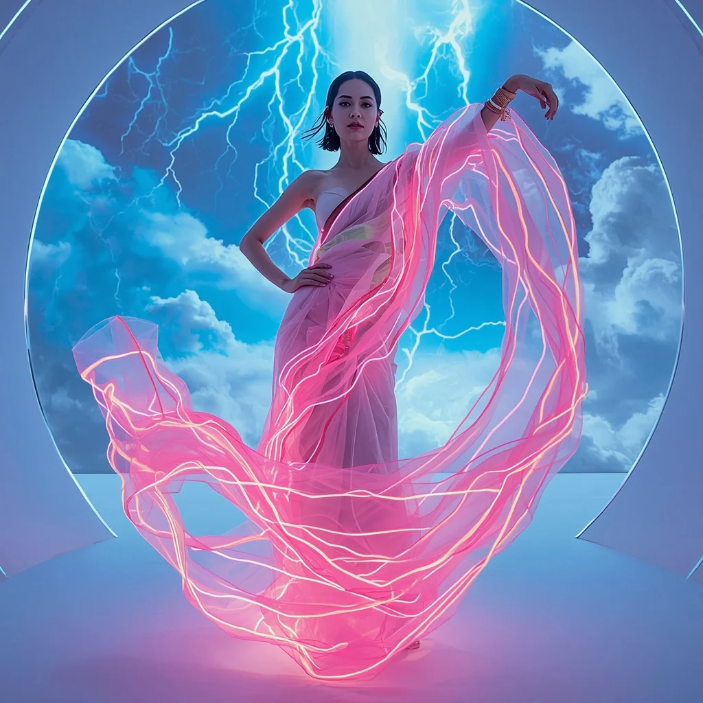 Neon Storm Ribbon Saree with Electric Sky Cyclone | Girl Prompt