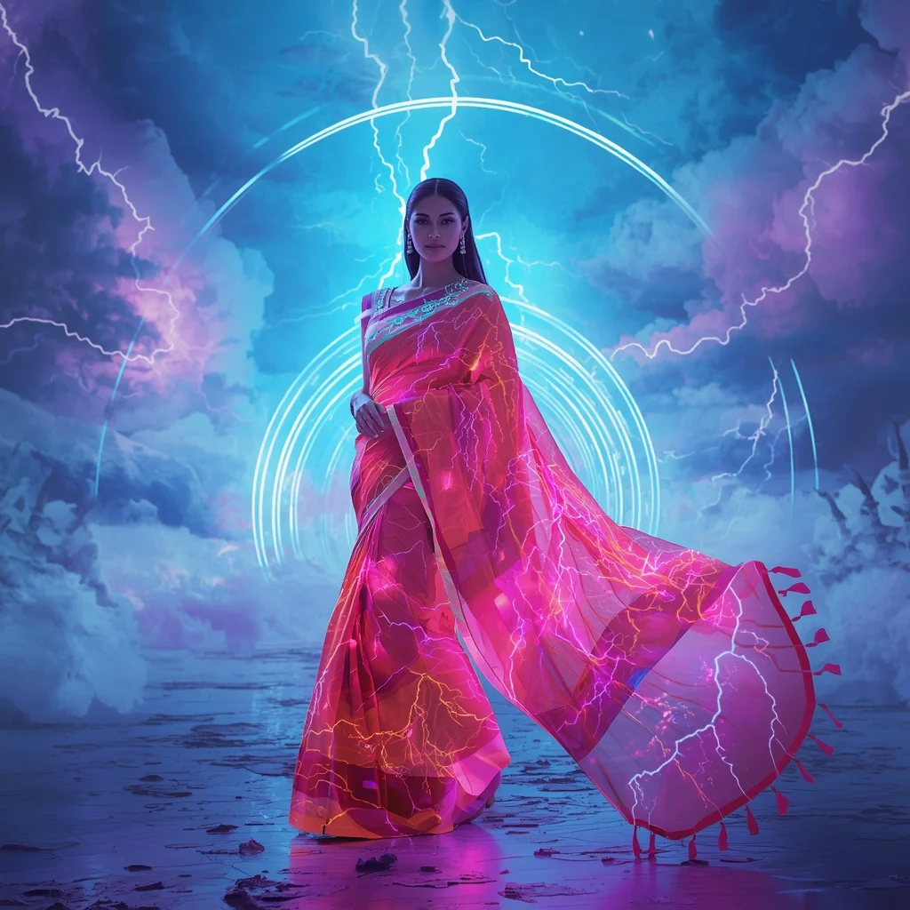 Neon Storm Silk Saree with Electric Sky Corridor | New Instagram Trend Prompt For Girl And Boy Aesthetic