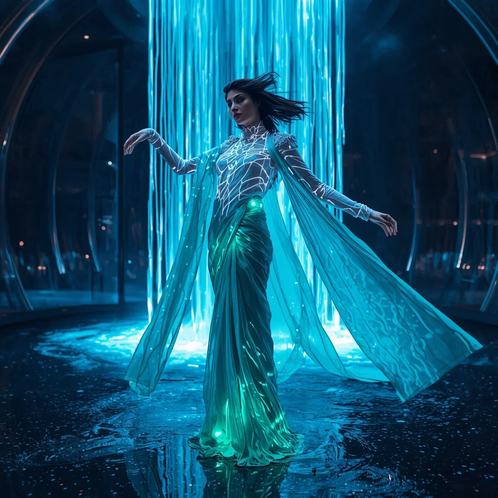 Neon Water Inkfall Saree with Vertical Liquid Streams | Wedding Ai Prompt