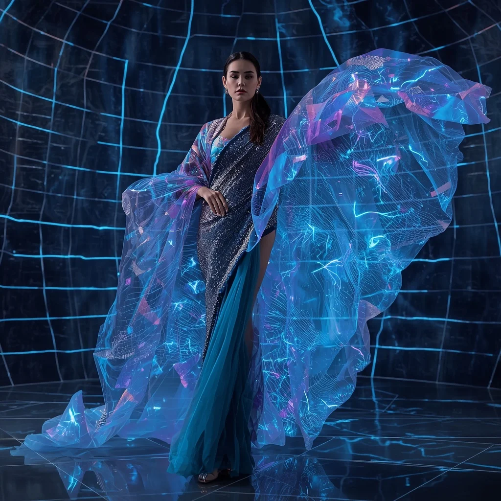 Neural Silk Storm Saree with Digital Weather Grid | Prompt For Traditional Look For Girl