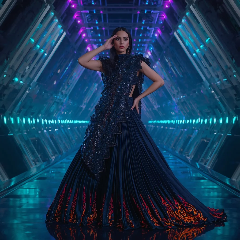Obsidian Comet Singularity Armor Saree with Quantum Neon Hypervault Corridor Matrix Grid Collapse Nexus Core System | Trending Prompt In Instagram Ai Photo Girls
