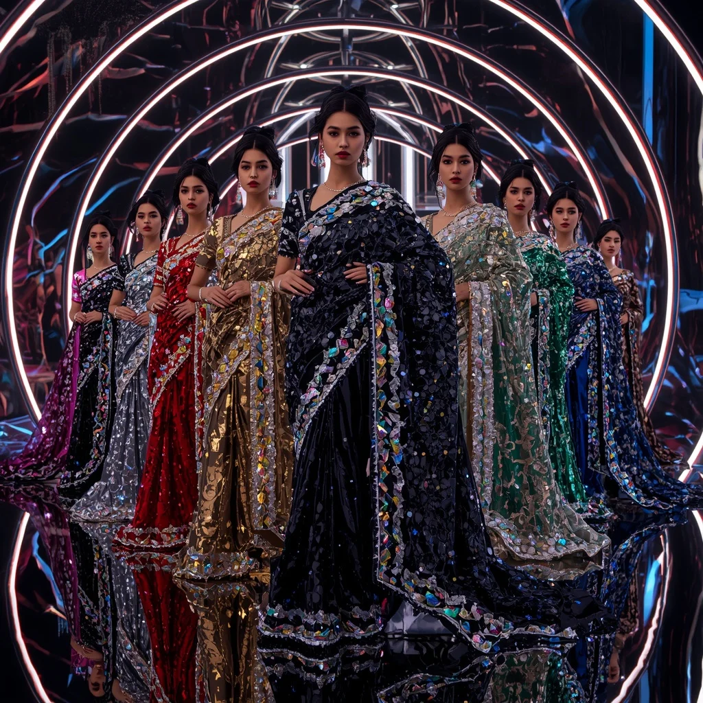 Obsidian Crystal Celestial Infinity Queen Saree with Mirror Fashion Poses and Neon Quantum Crystal Orbit Hyperrealm | Ai Gemini Photo Prompt