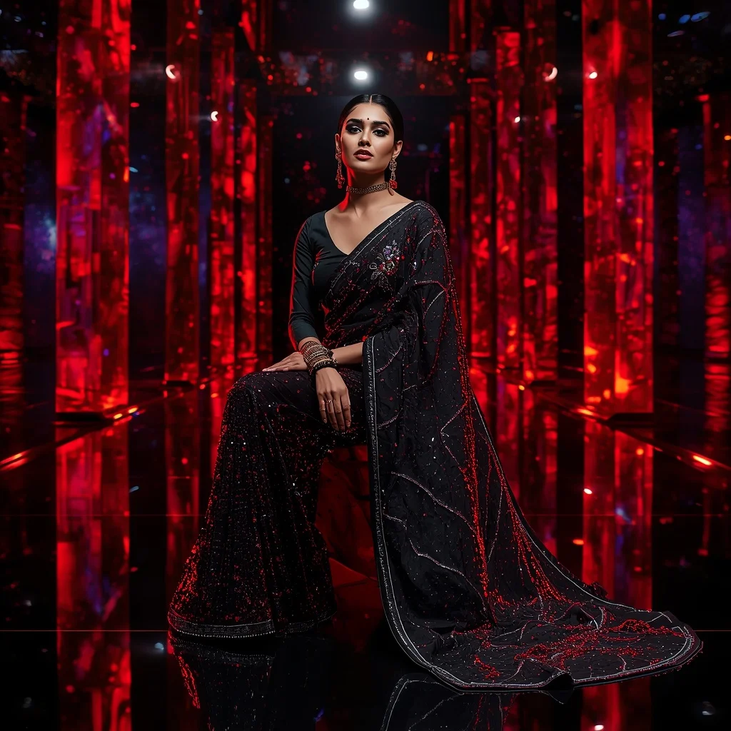 Obsidian Flame Eclipse Saree with Floating Prism Reflection Galaxy Infinity Hall | Gemini Ai Prompt For Girl