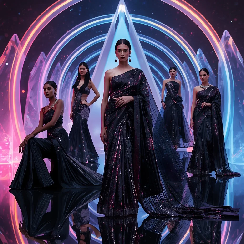 Obsidian Flame Festival Saree with RGB Crystal Infinity Citadel | Gemini Saree Prompt For Instagram