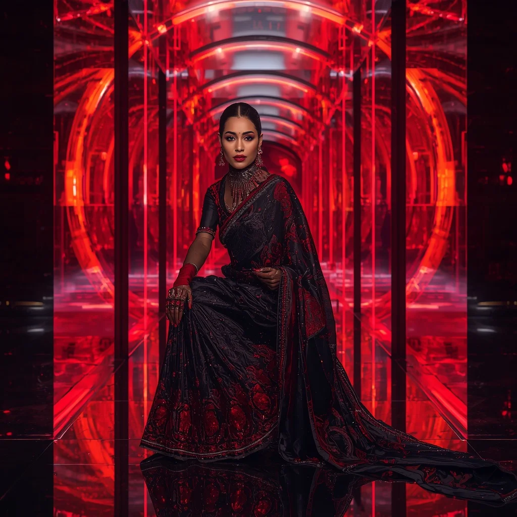 Obsidian Flame Mirage Saree with Floating Prism Reflection Orbit Infinity Pavilion