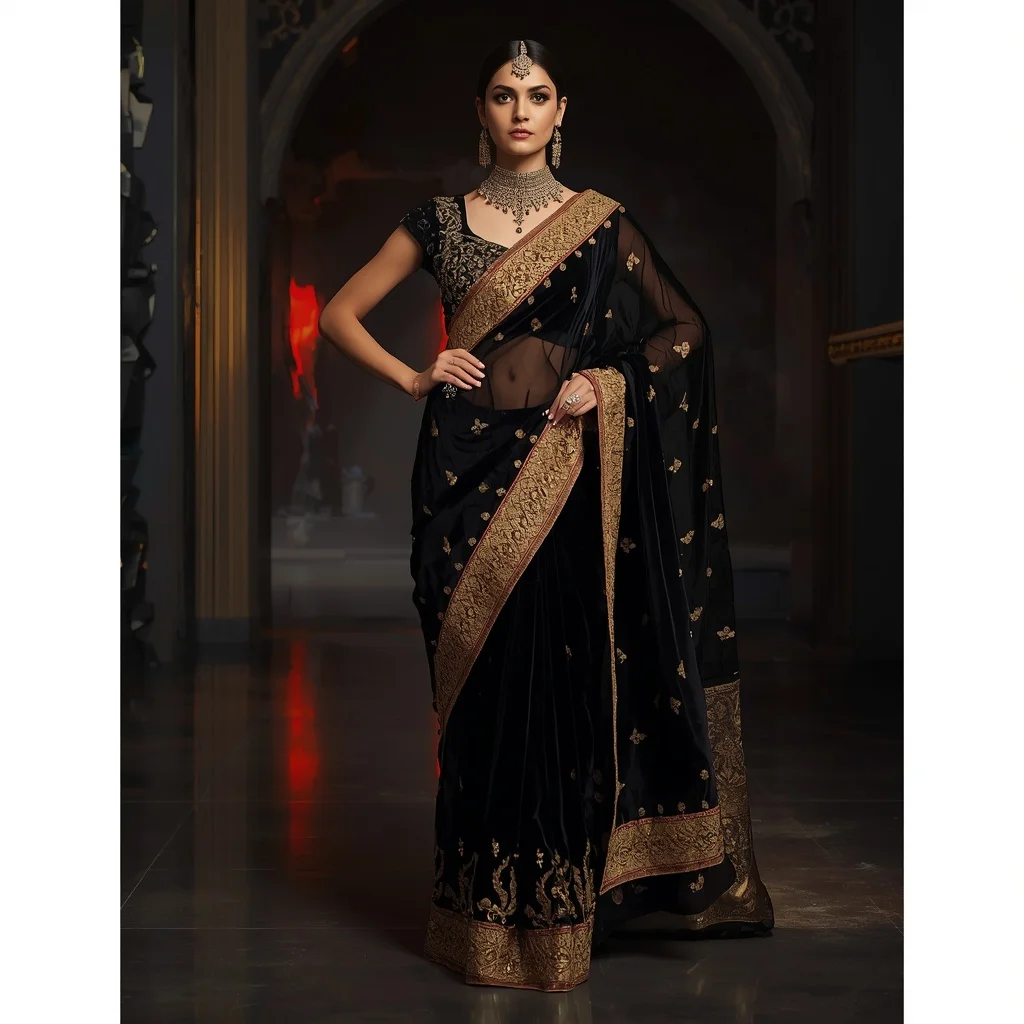 Obsidian Gold Voidflare Eclipse Saree – Dark Luxury Saree with Bold Pose and Voidflare Eclipse Hall Background | Whatsapp Dp Ai Prompt