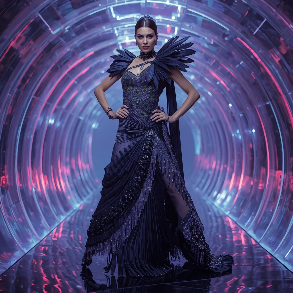 Obsidian Lotus Fantasy Saree with Infinity Aurora Crystal Dome | Korean Ai Prompt