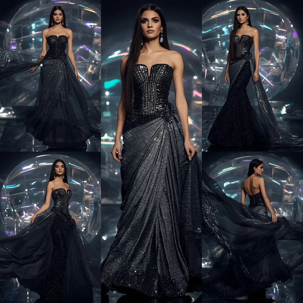 Obsidian Moonfire Fantasy Saree with Holographic Infinity Domes | Copy Paste Ai Prompt