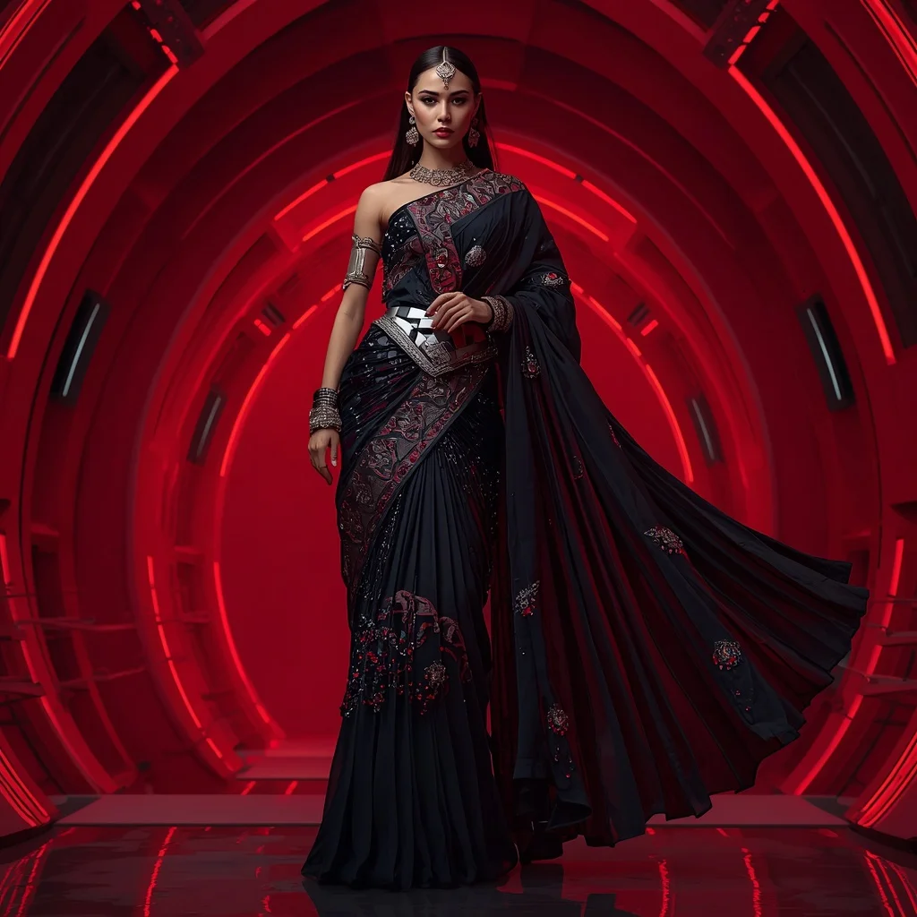 Obsidian Panther Royale Saree with Crimson Hypervault Citadel | Girl Prompt