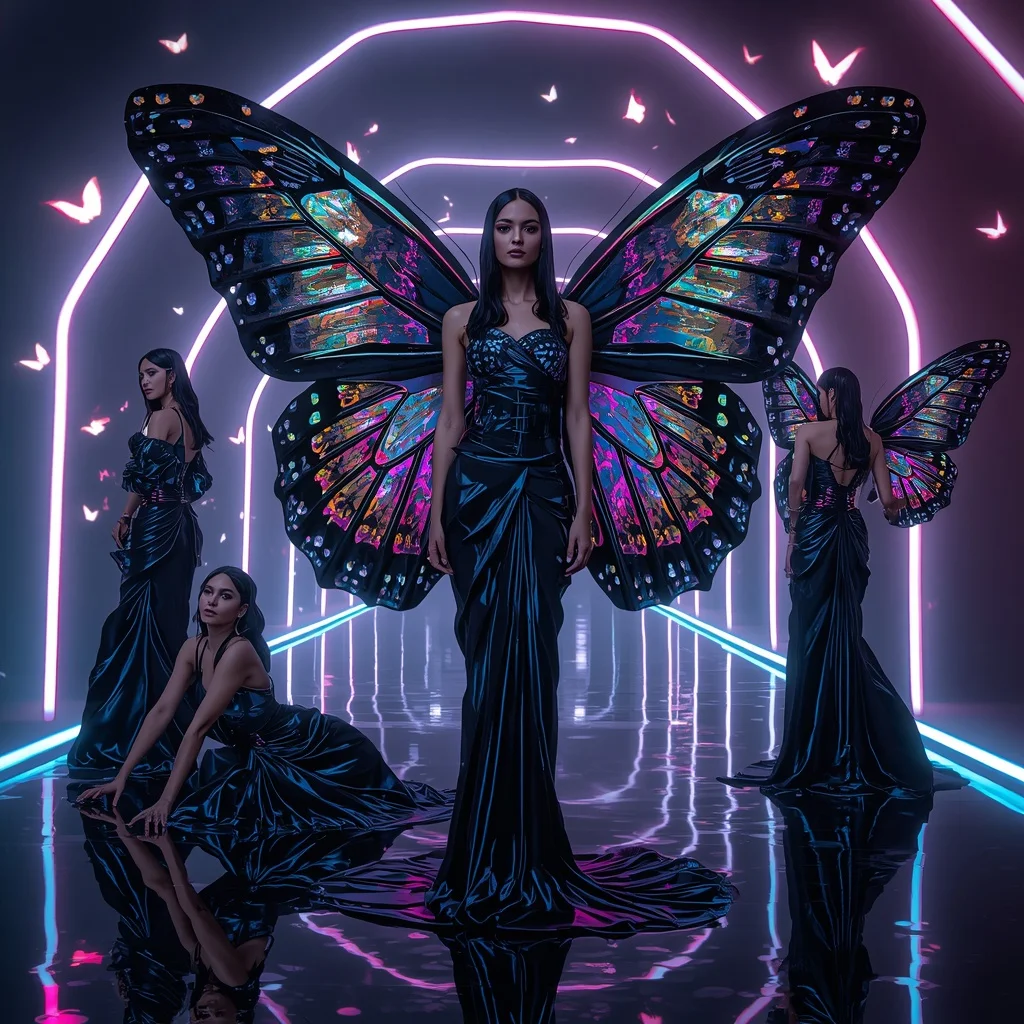 Obsidian Prism Butterfly Saree with Multiple Futuristic Poses and Dark Neon Background | Ai Photo Prompt
