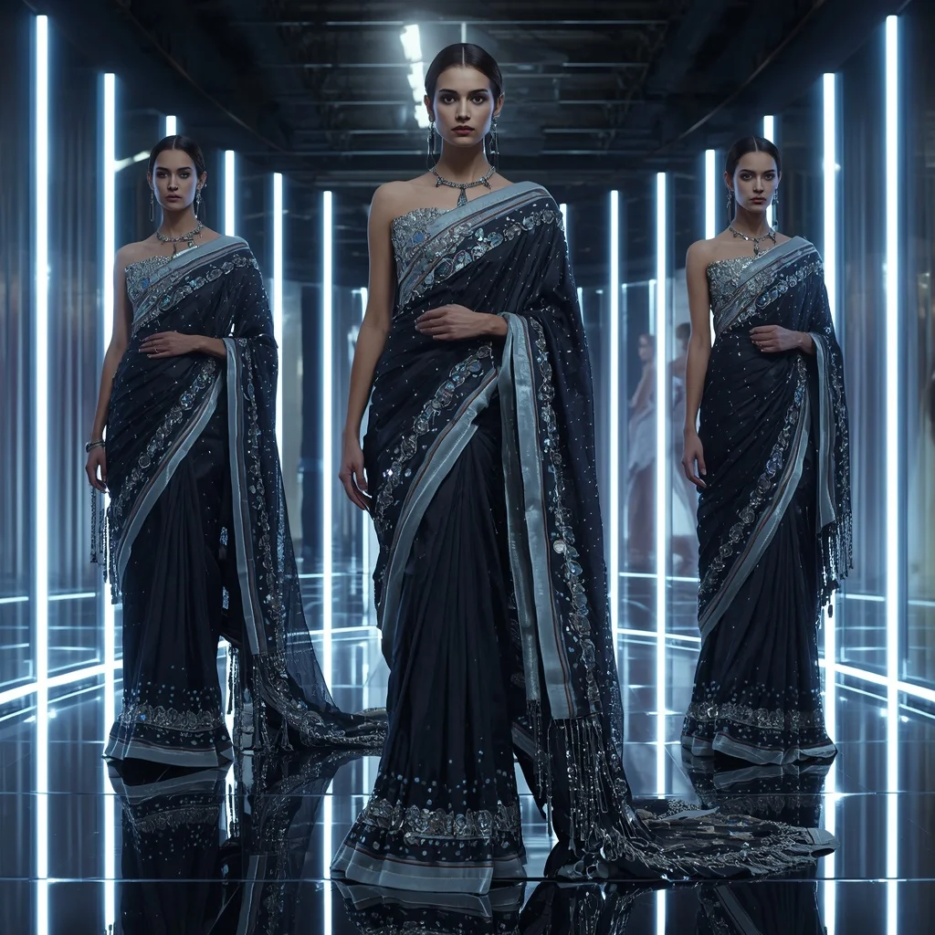 Obsidian Prism Thunder Saree with Curved Mirror Infinity Empire | Prompt Seen Girl Photo Editing Chatgpt Aesthetic