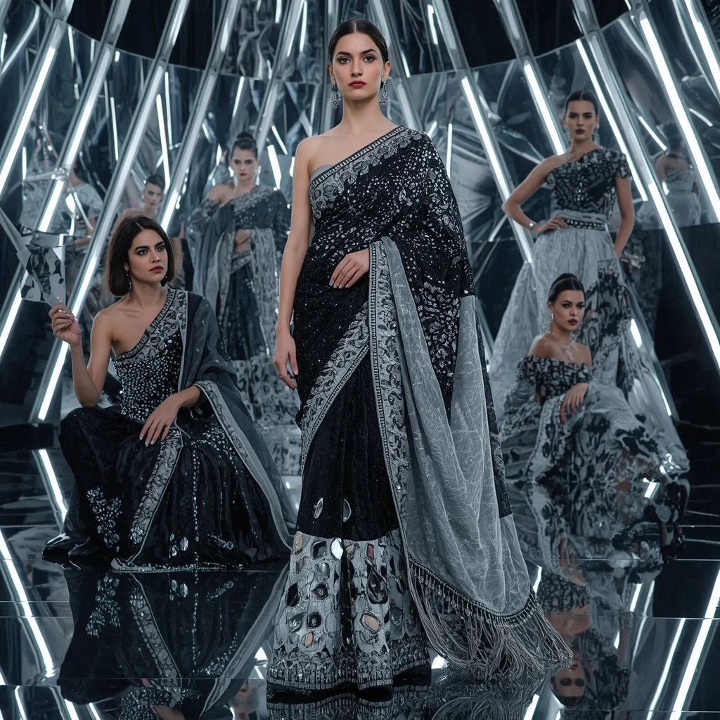 Obsidian Prism Thunder Saree with Curved Mirror Infinity Orbit Palace | Bridal Ai Prompt